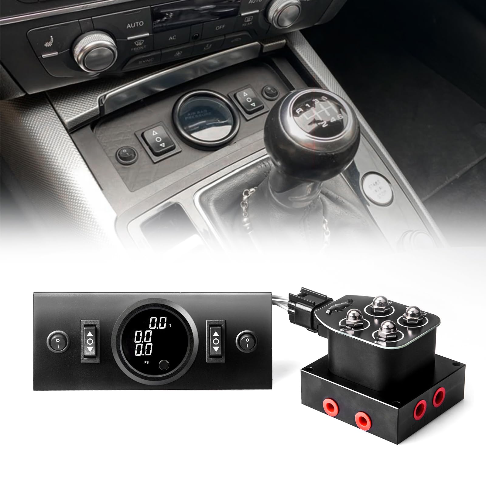 Photo 1 of New Upgrade 12V Solenoid 4-Valve Air Ride Suspension manifold valve with Simplify Control Panel Ship Type Switch, equipped with three display air pressure gauge white