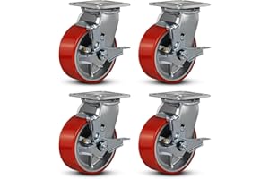 FOVERSWIVE 5"x2" Industrial Casters- Heavy Duty casters,Polyurethane Casters Wheel,Capacity up to 4000 Lb. Use for Platform Truck, U-Boat Cart,Workbenches(4 Brake)
