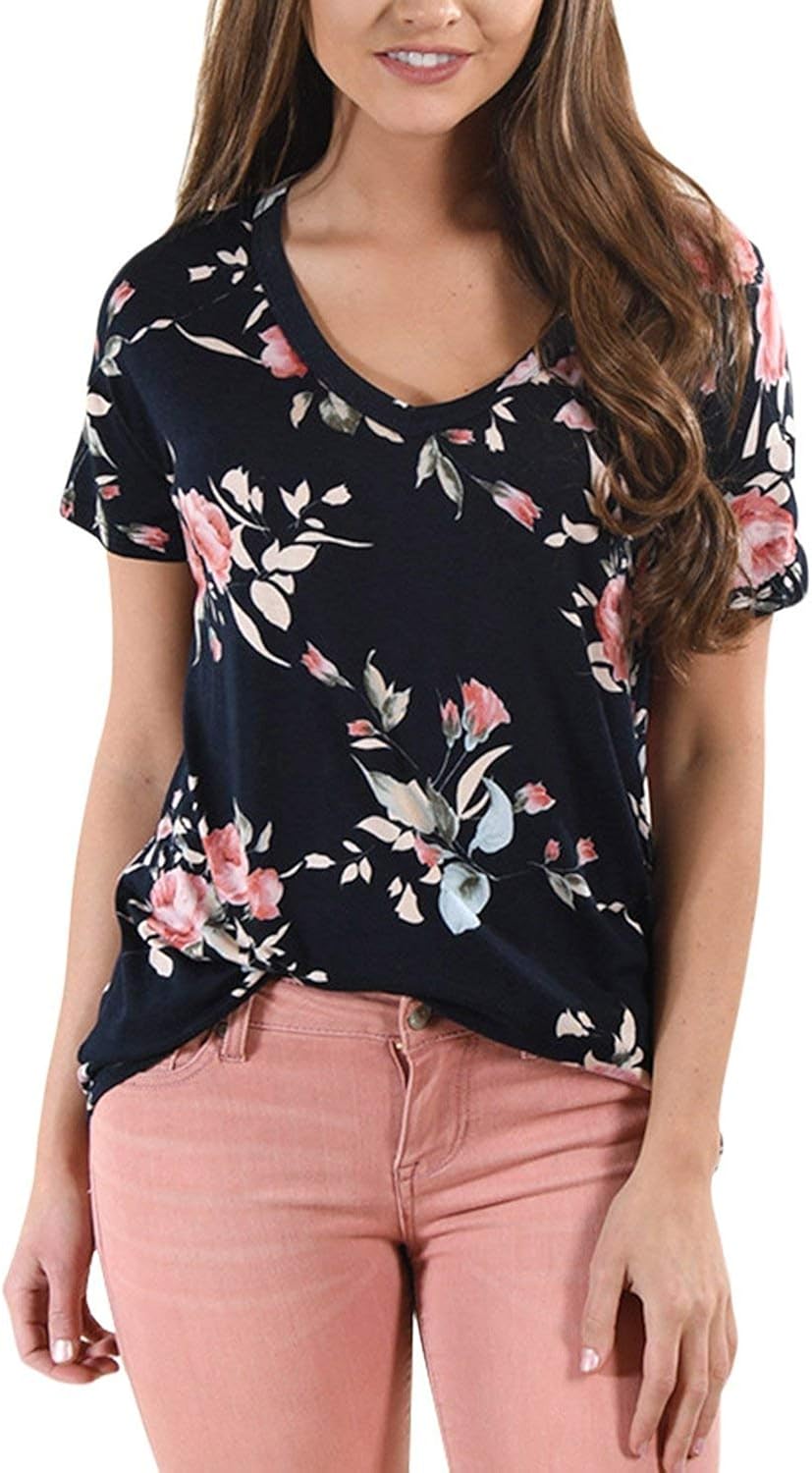 BIRAN T Shirt Ladies Summer Fashion Floral Pattern Short Sleeve Unique