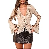 GORGLITTER Women's Leopard Print Sheer Mesh Tops Bell Long Sleeve Ruffle Deep V Neck Tie Front Blouse Shirts