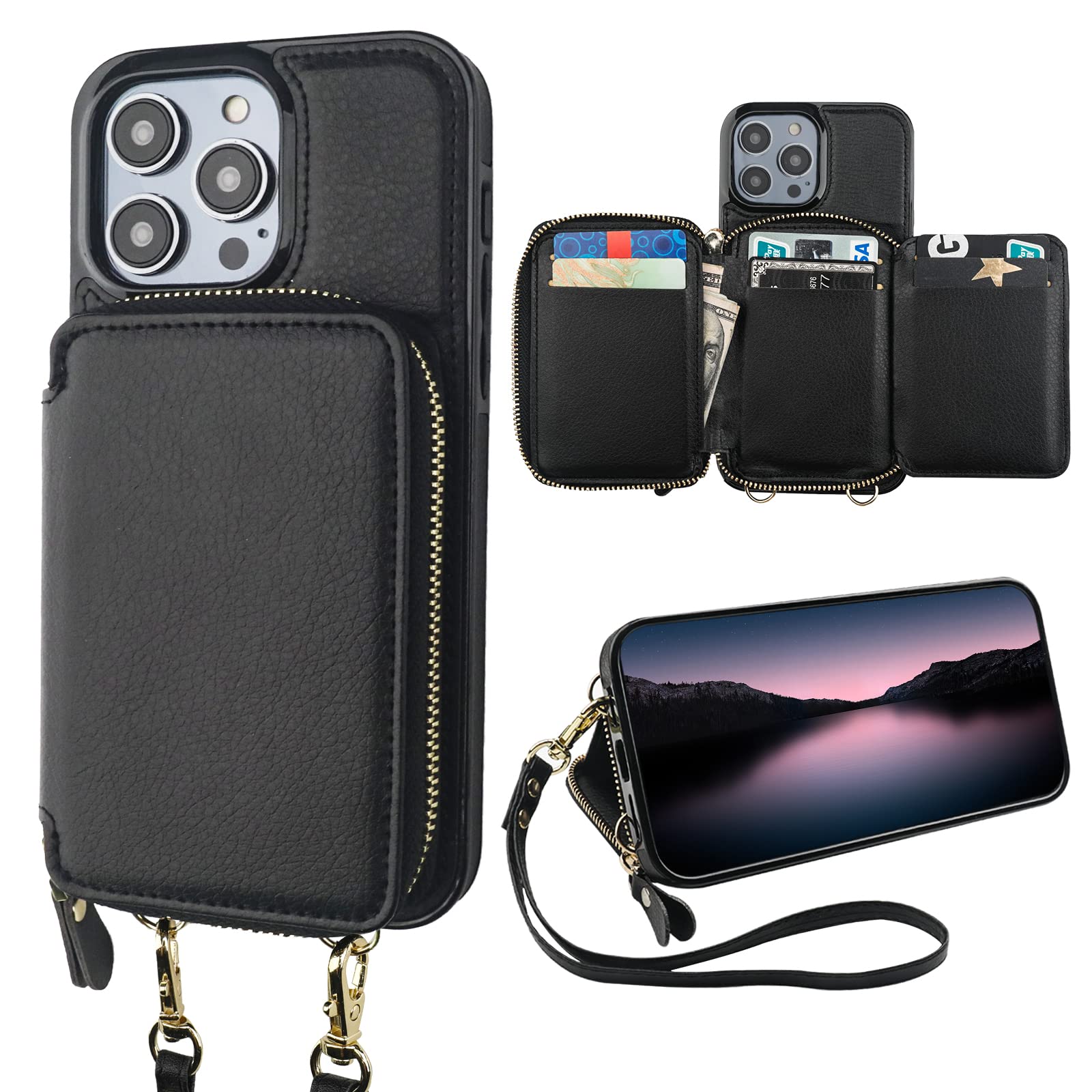 Photo 1 of Bocasal RFID Blocking Wallet Pu Leather Flip Folio Case for iPhone 14 Pro Max, 6.7 Inch 5G Crossbody Zipper Purse Case, Card Holder With Kickstand & Detachable Wrist Strap (Black)