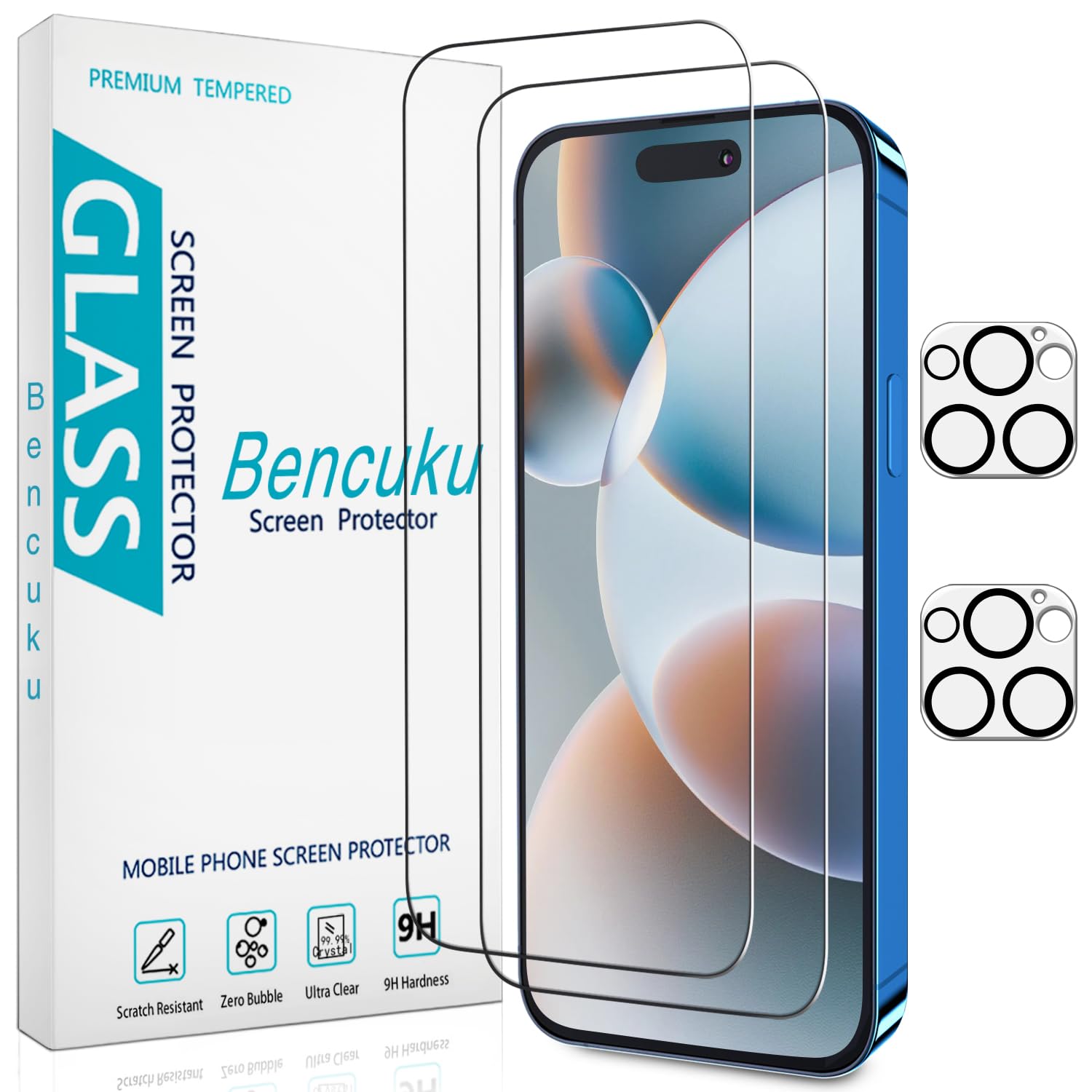Photo 1 of Bencuku 2 Pack Tempered Glass Screen Protector for iPhone 16 Pro 6.3 Inch with 2 Pack Camera Lens Protector, 9H Hardness, Anti Scratch, Bubble Free