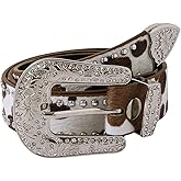 BEAUDRM Women's Cow Print Buckle Belt Western Leather Belt Cowgirl Waist Belts