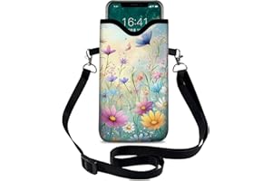 otilil Neoprene Cell Phone Sleeve Pouch Case Bag with Crossbody Strap Neck Lanyard for Women 7.1 X 3.9 in Colorful Flowers