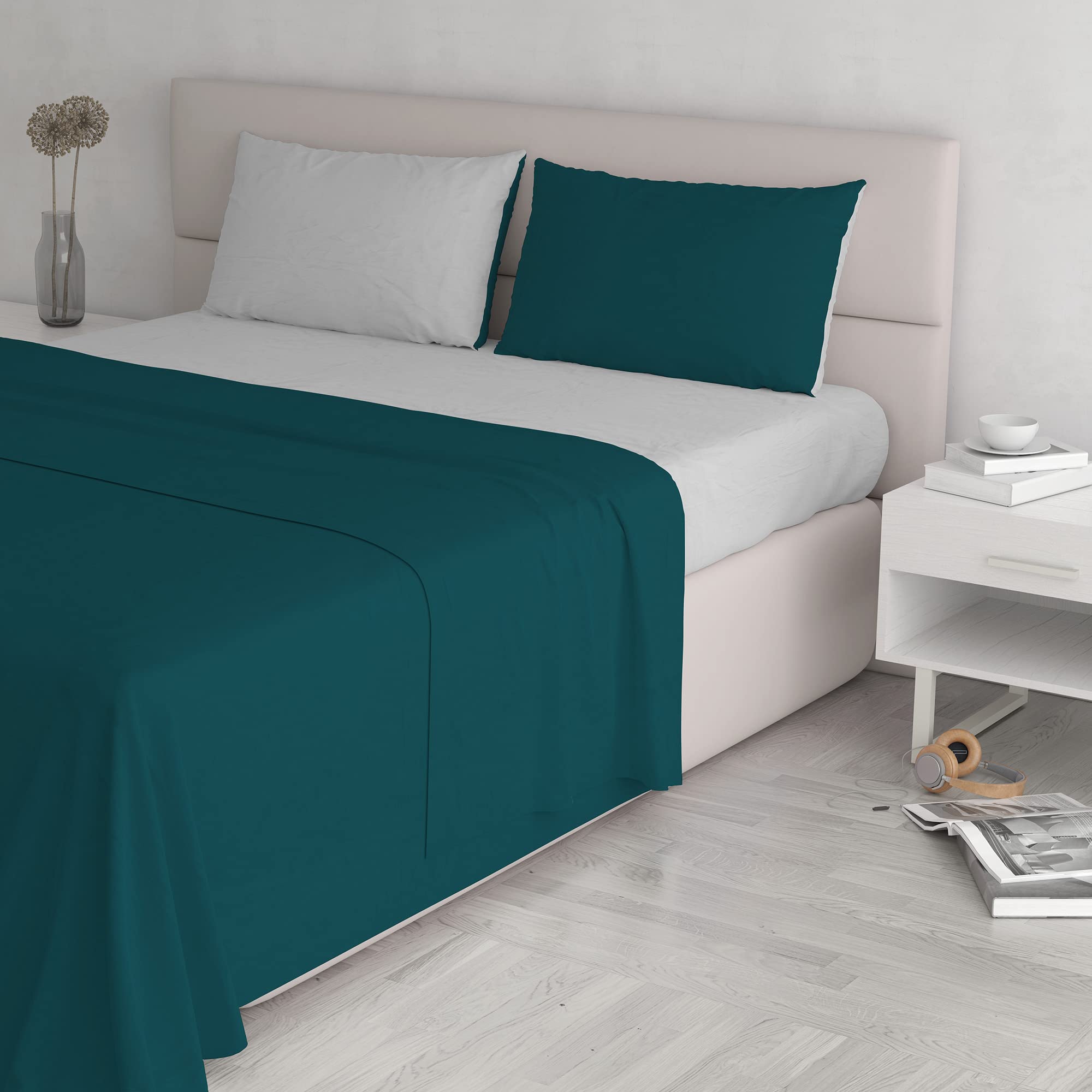 Italian Bed Linen Natural Color Bed Set (Flat 250x300, Fitted Sheet 170x200cm+2 Pillowcases 52x82cm), Petrol Bottle Green, Light Gray, DOUBLE