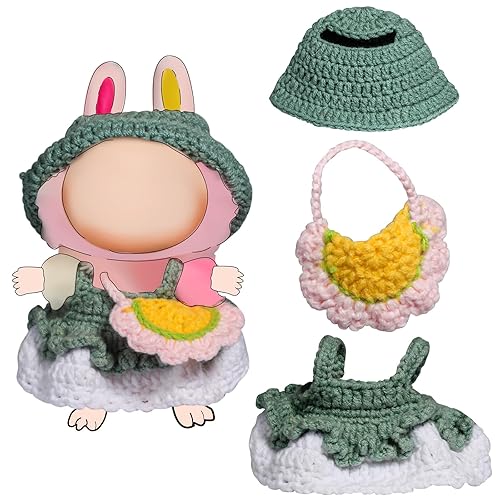 2025 New Sage Green Rustic Dress Outfit for 17cm Lbb Doll, Clothes Accessories Outfit Including Hand Crocheted Hat, Dress and Sunflower Bag, Replacable Clothes for Doll Collector