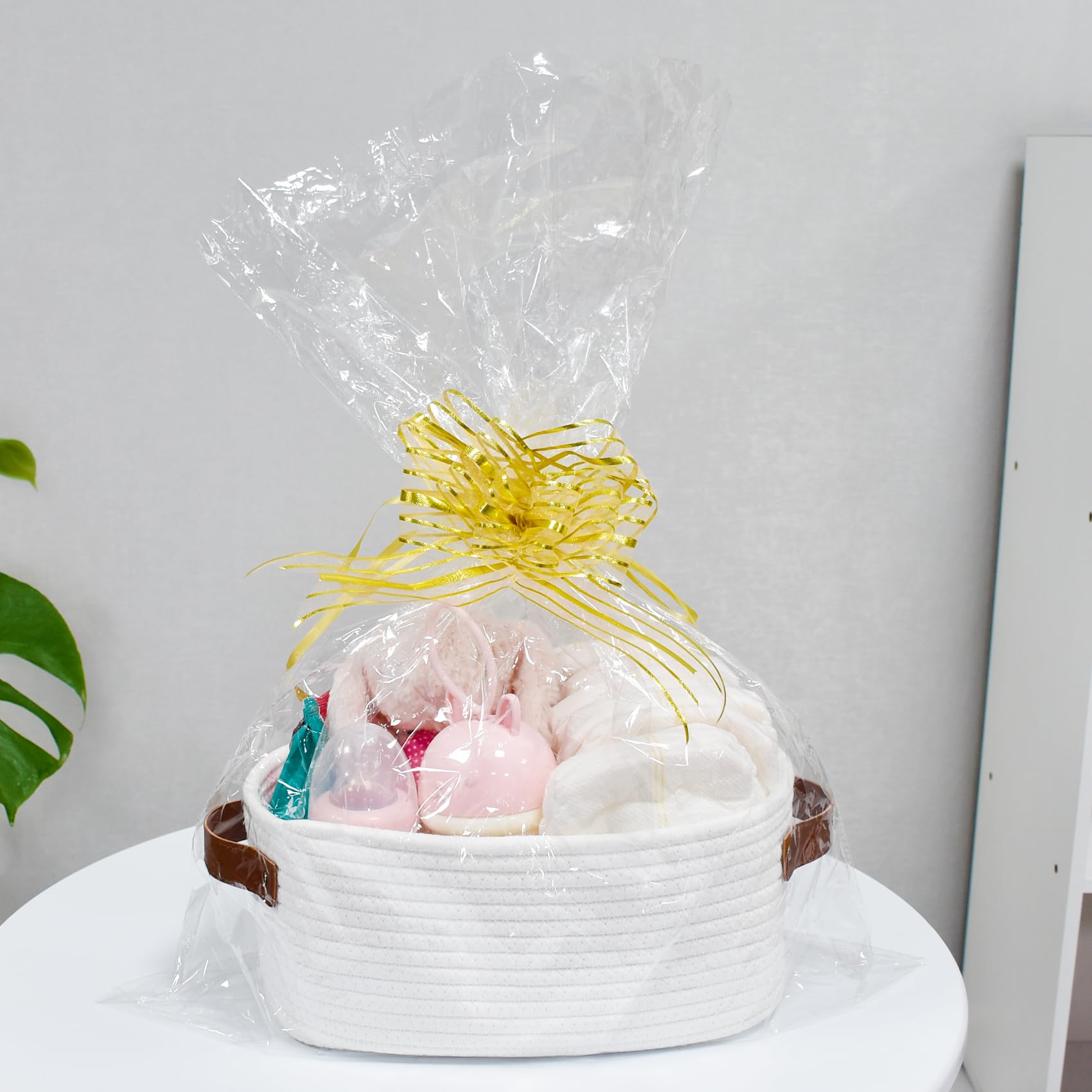 ABenkle Small White Basket with Handle, Soft Woven Storage Bins Baskets for Cat and Dog Toys Organizer, Decorative Shelves Closet Organizing Baskets Chest Box, Empty Gift Basket