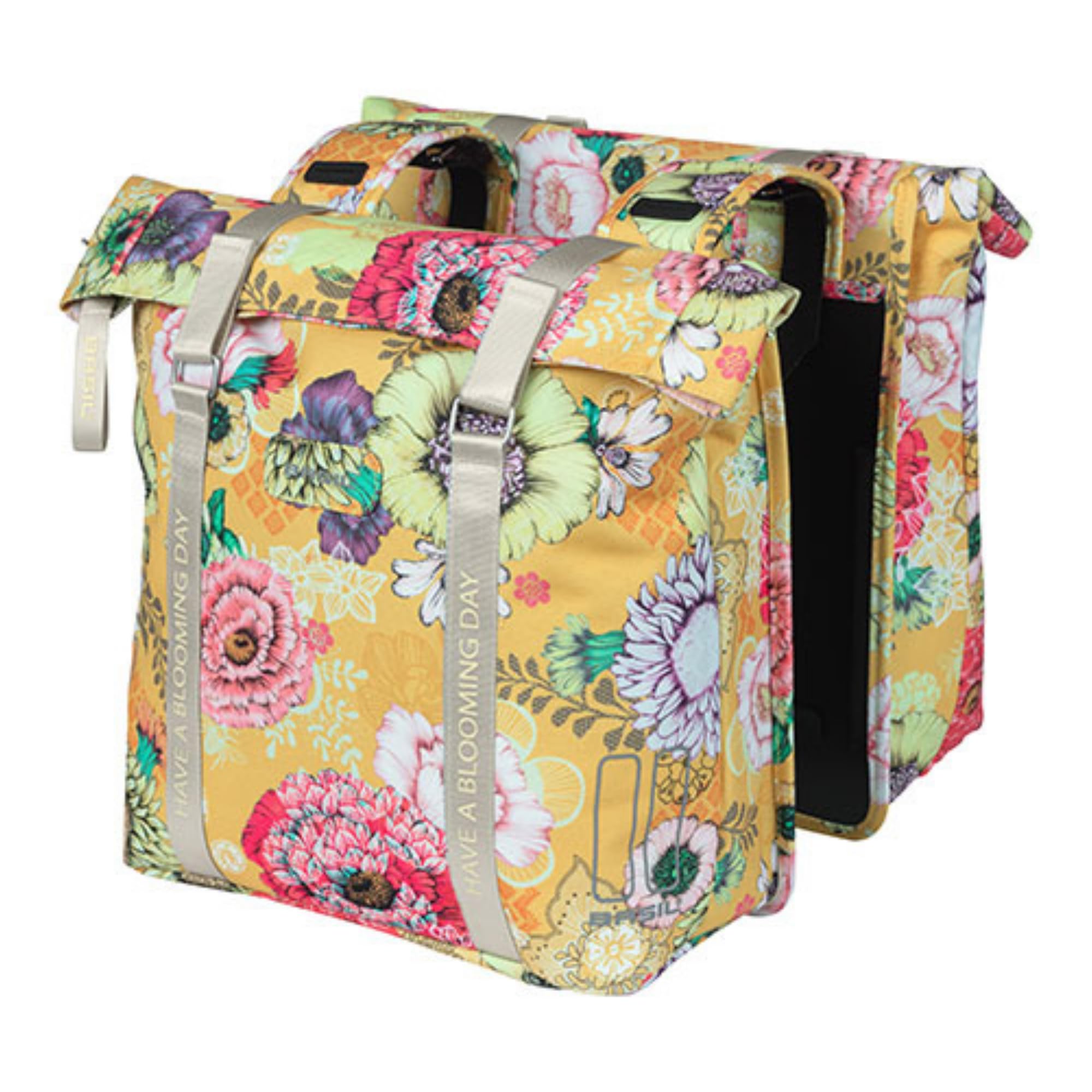 Basil Bloom Field Double Bicycle Bag, Honey Yellow, 28-35 litres, Recycled PET Polyester, Without MIK