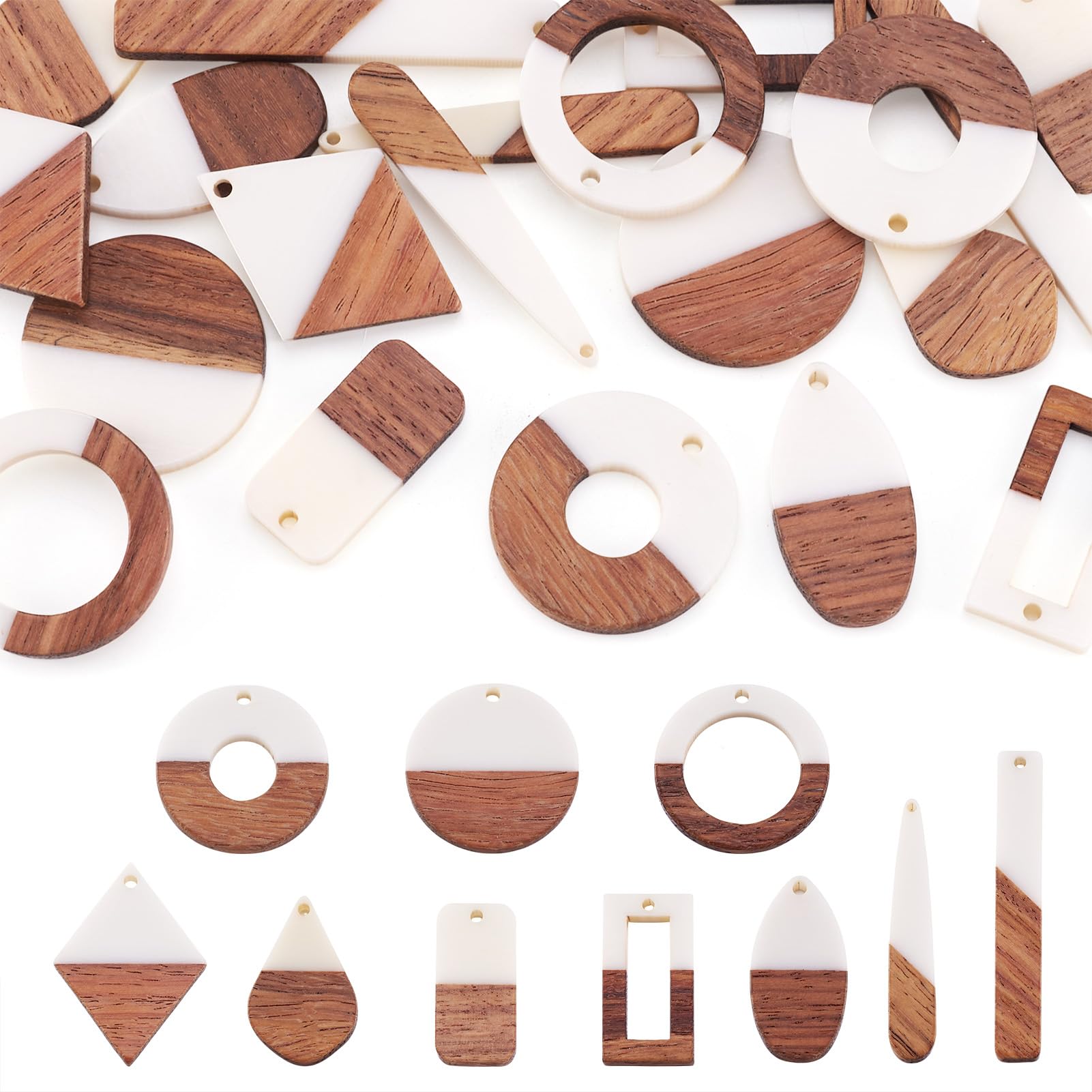 PandaHall 20pcs Resin Wood Pendant 7 Styles Hollow Geometric Wooden Earring Pendants with 1.2~2mm Hole for Earring Necklace DIY Jewelry Making