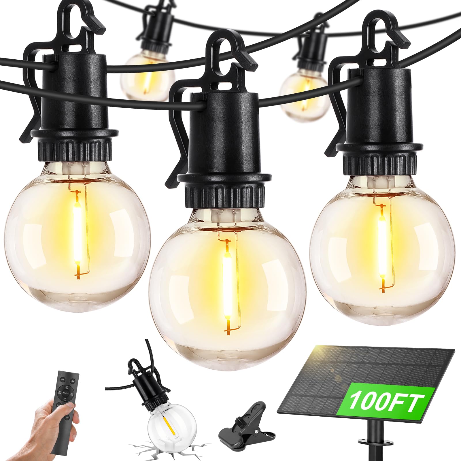 Photo 1 of ZJOJO Solar Outdoor String Lights Waterproof, 100FT G40 Globe Patio Lights String Lights Solar Powered with 50 Edison Bulbs 2700K Shatterproof Hanging Lights for Porch Backyard Pergola Bistro
