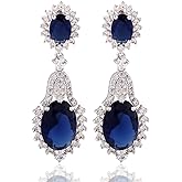 GULICX Vintage Design Long Luxury Oval CZ Stone Silver Tone Blue -Sapphire Color Drop Earrings