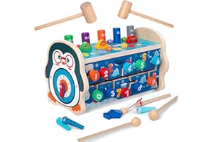 Setibre Educational Toys for 1 2 3 4 5 6 Year Old 7 in 1 Wooden Montessori Toys Hammering Pounding Toy with Penguin Game Knocking Exercise Puzzle Toy for Toddlers Kids