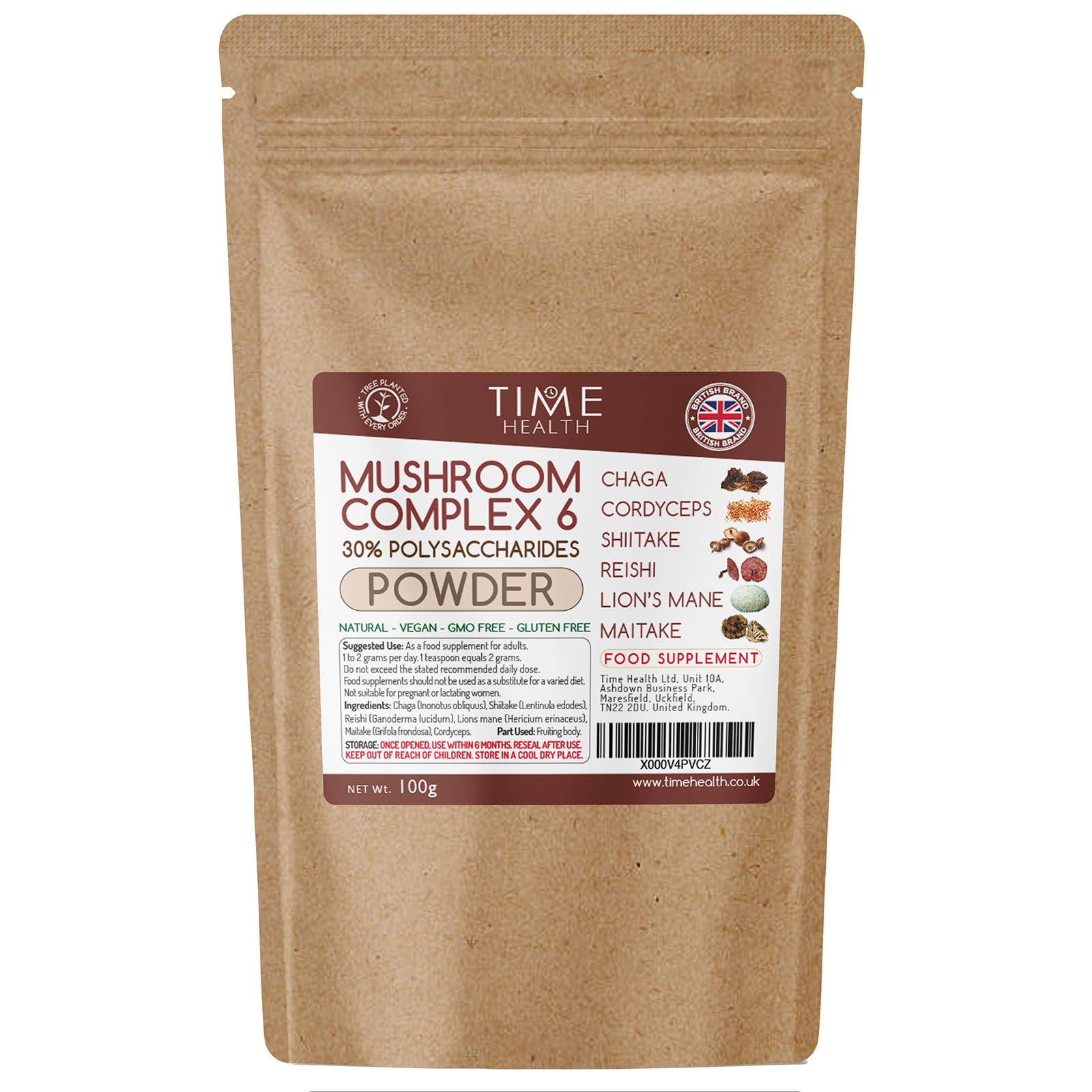 Mushroom Complex 6 Powder ∣ Chaga, Cordyceps, Shiitake, Reishi, Lions Mane, Maitake ∣ 30% Polysaccharides (100g Powder Pouch)