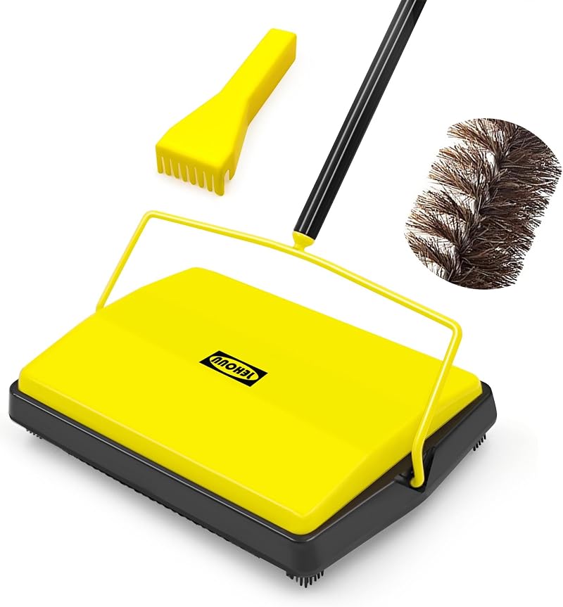 JEHONN Carpet Sweeper Manual with Horsehair Dual Rollers Yellow