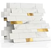 M MOFIT Stone Peel Stick Backsplash Tiles Kitchen Wall White Gold 10pcs