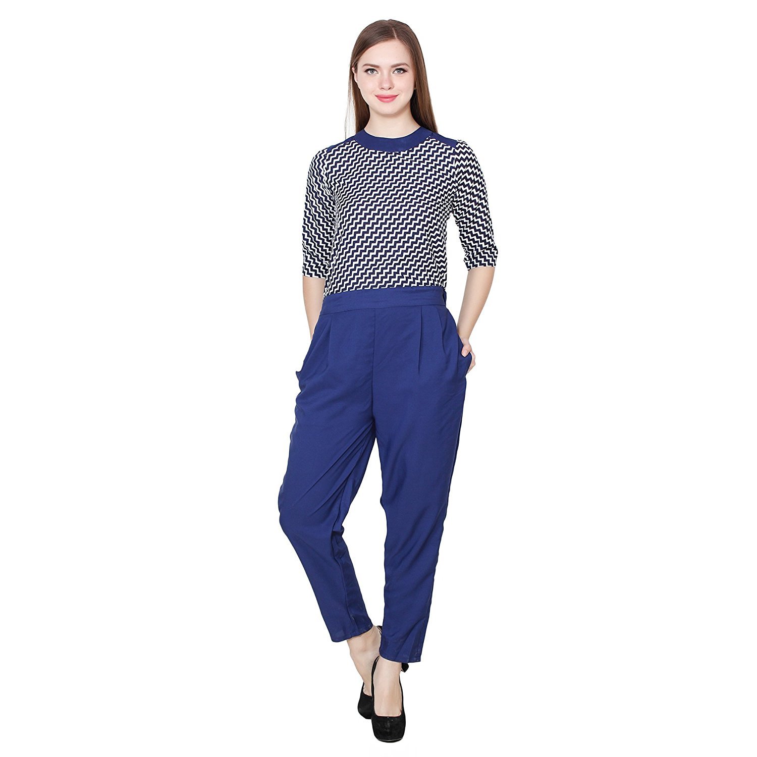 my swag women's white and blue high neck crepe jumpsuit