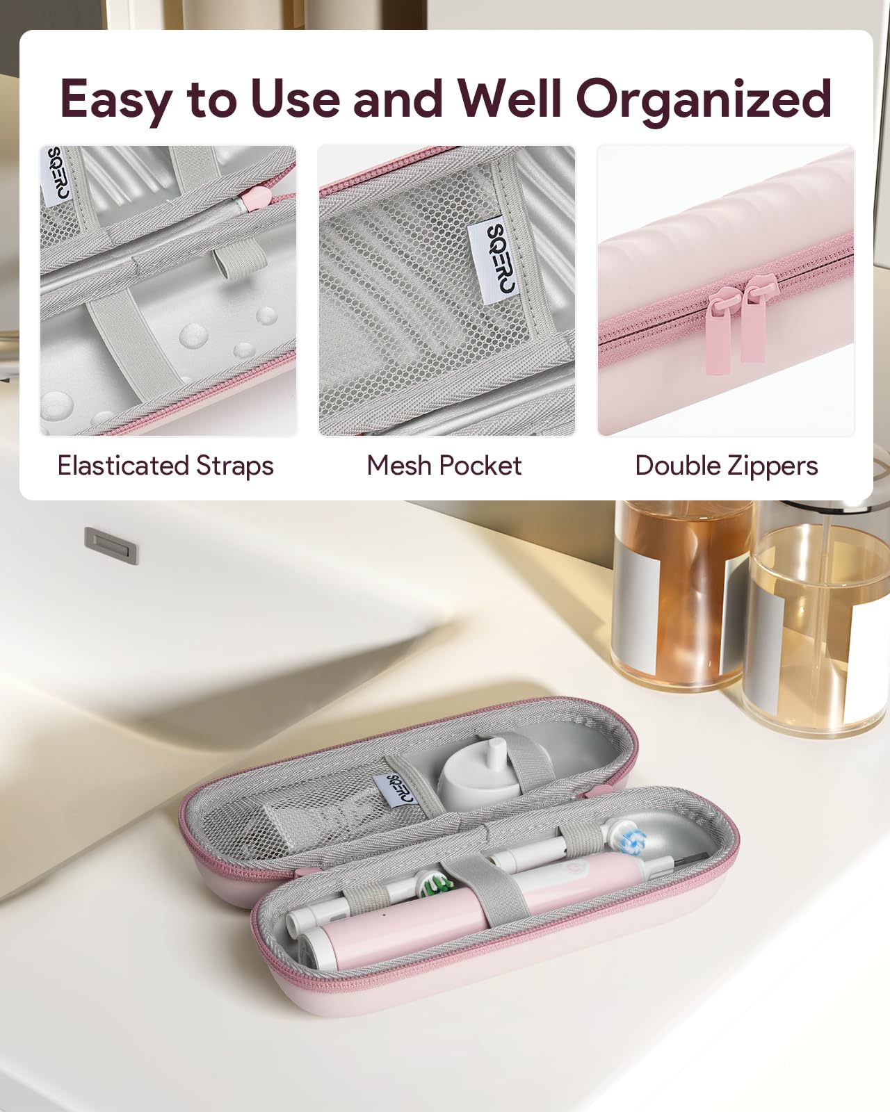 SQERO 2.0 Elektrische Zahnbürste Reiseetui, Kompatibel mit Oral B/Oral-B Pro/Philips Sonicare Zahnbürsten, Tragbare Zahnbürstentasche, Schrägstreifen, Wasserdicht (Rosa) 3