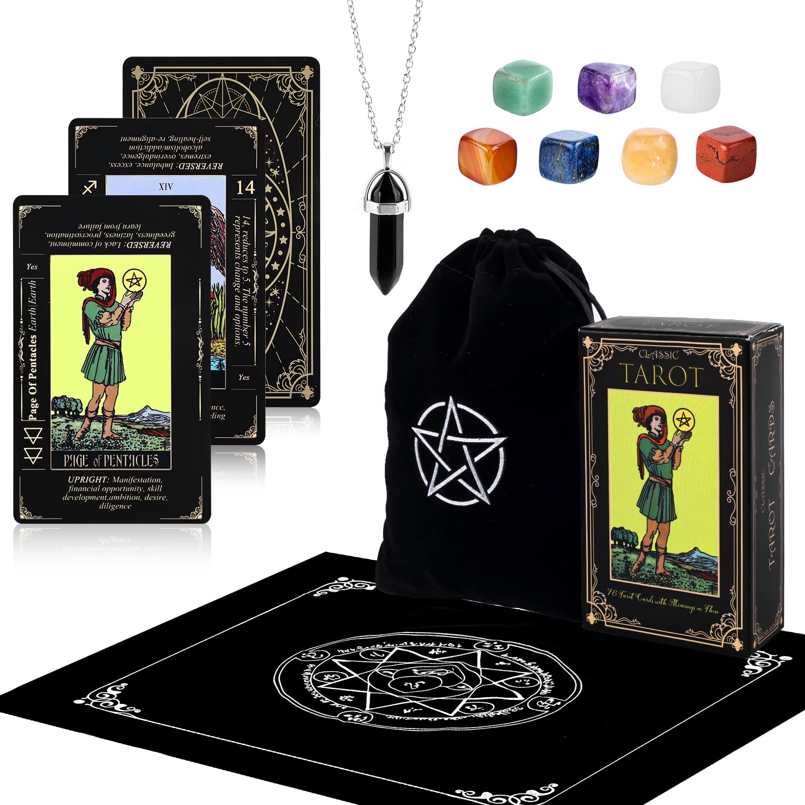 Joyoldelf Tarot Cards, Classic Tarot Cards and Book for Beginners Set, with Tarot 1 Box, Octopus Tablecloth, Card Bundle Pocket, 7 Gems, Black Agate Chain, 78pcs Standard with Tarot Bag