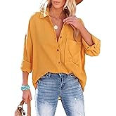Zontroldy Oversized Button Down Long Sleeve Shirts for Women Solid Color Casual Boyfriend Shirt Boluse Tops