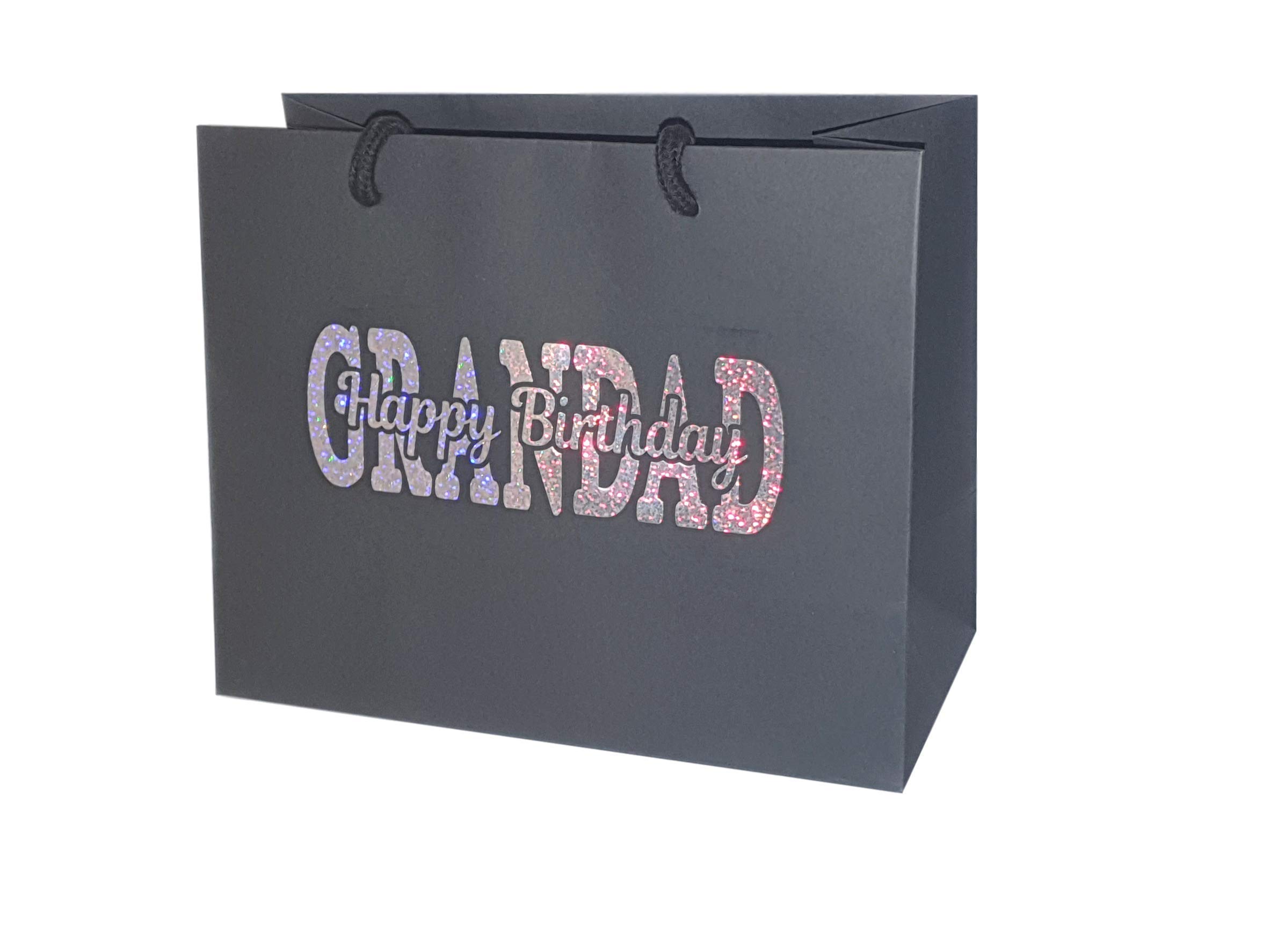 Grandad Happy Birthday Gift Bag - Holographic Glitter Gift Bag with Rope Handles and Tissue Paper - Birthday Ideas Grampa (Medium)