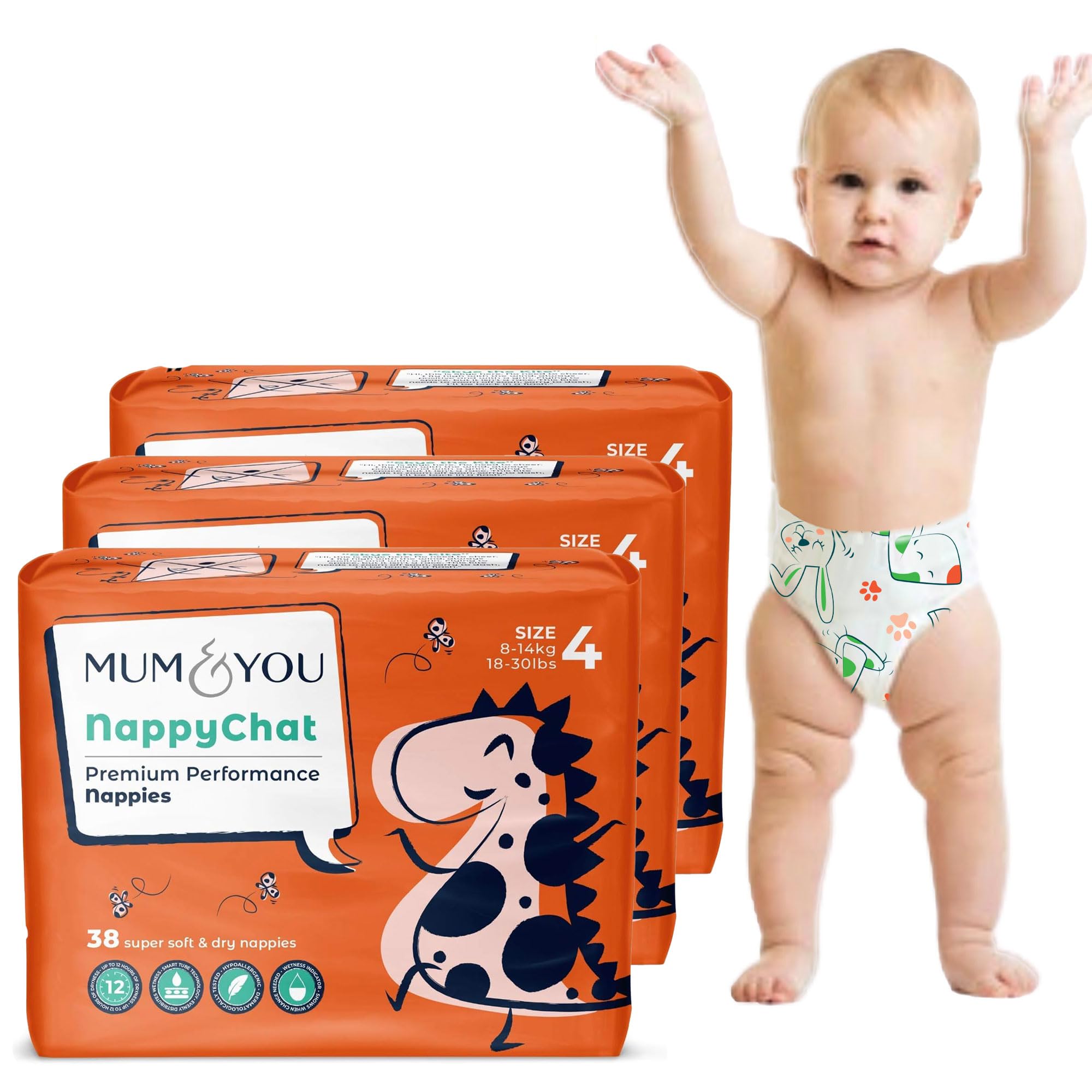 Mum & You Premium, Dry Baby Nappies | Size 4 (8-14 KG), 114 Count (3 Packs of 38) | Dermatologically Tested with 12-Hr Leak Protection with Wetness Indicator | Rash Free
