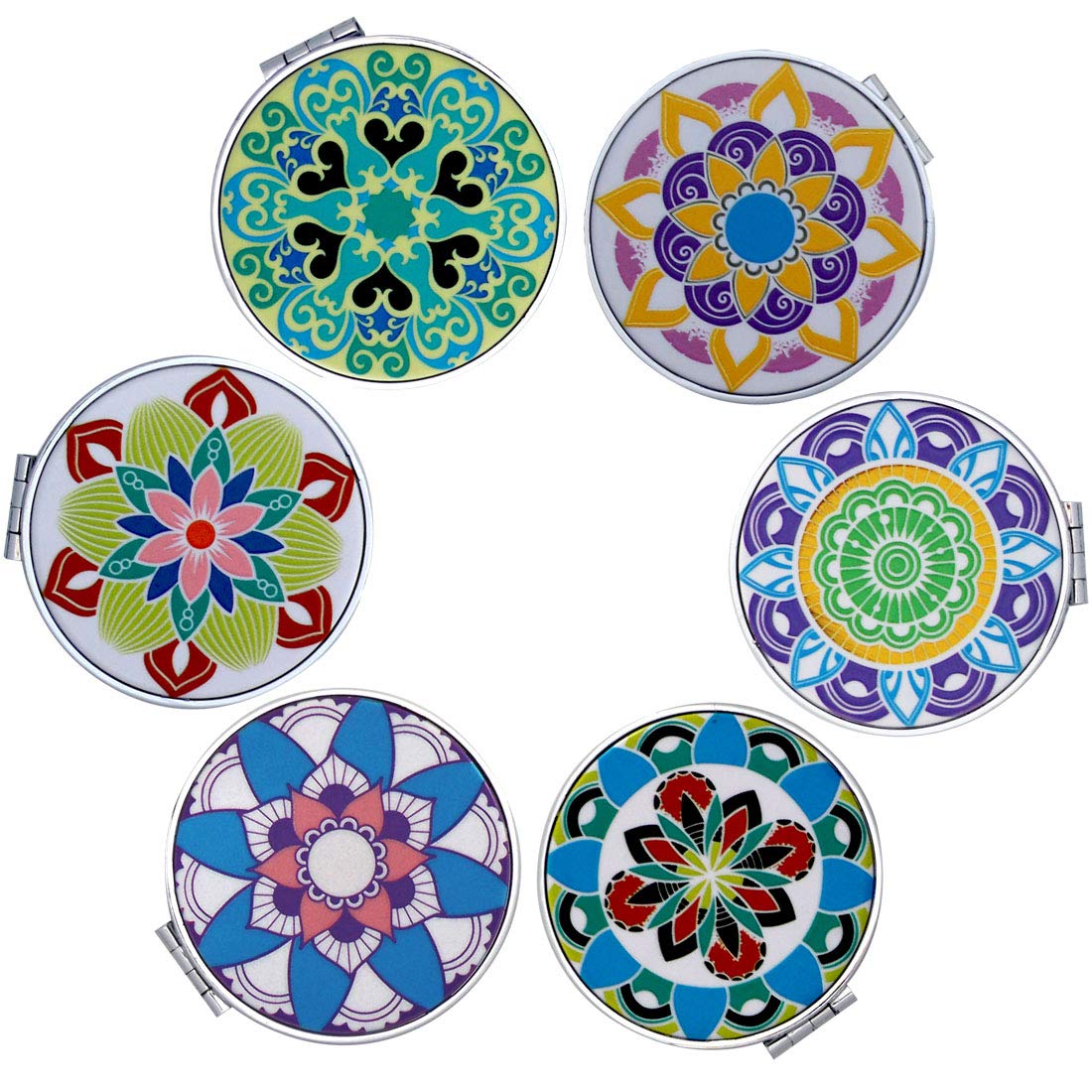 Beaufy Small Compact Mirror Magnifying Travel Pocket Mirrors Handheld Foldable Mini Size with 1x 2x Magnification for Purse Handbag - Embossed Mandala Design for Girls Women Pack of 6