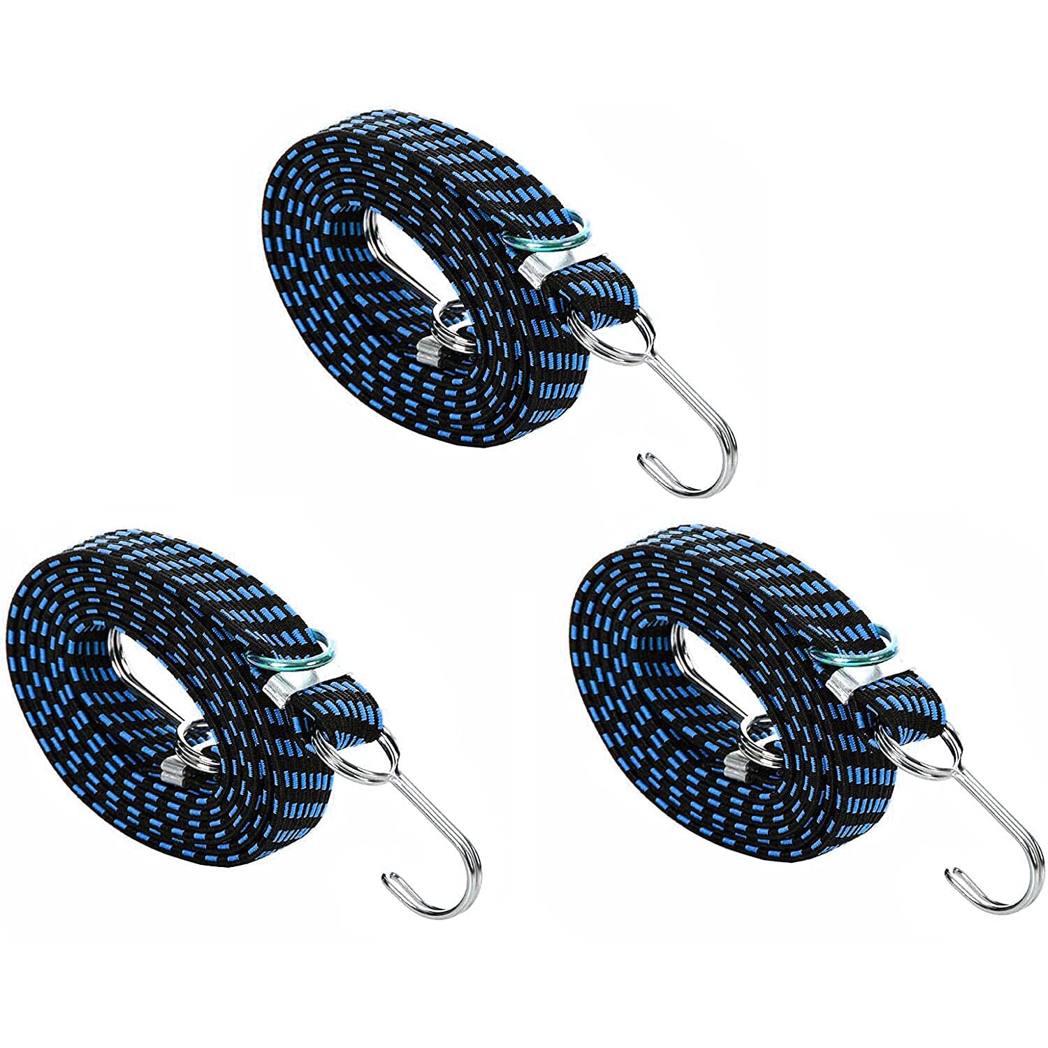 Tiardey 3pcs 80inch Adjustable Flat Bungee Cords Latex Straps with Buckle & Hooks for Cart,Heavy Duty Cargo,Camping,Gardening, Clothesline - Blue