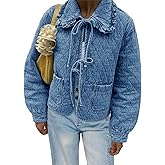 Tankaneo Womens Quilted Denim Puffer Jackets Tie Front Bow Cropped Puffy Jackets Fall Cute Short Jeans Coat