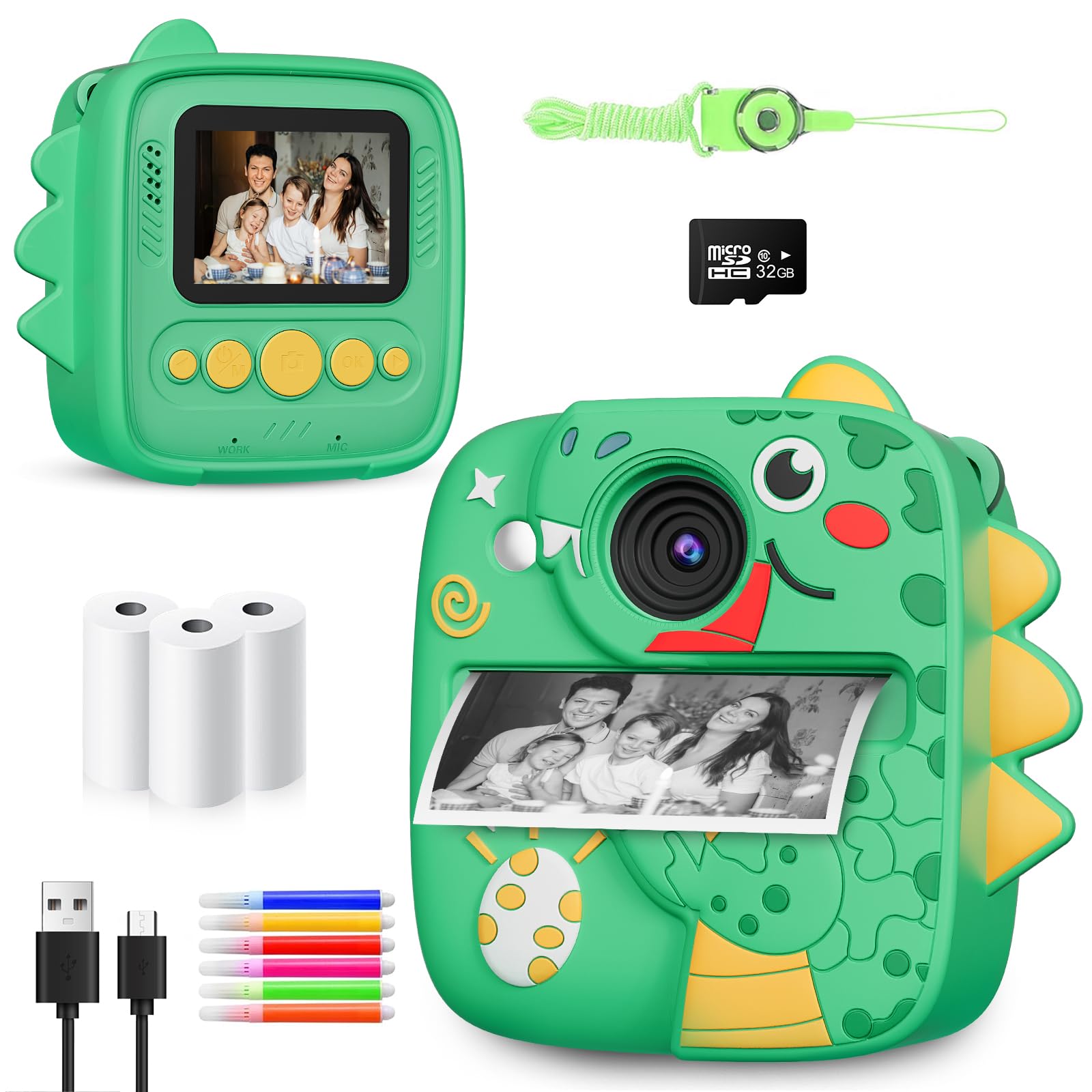 CHRERNA Instant Print Camera for Kids, Christmas Birthday Gifts Toys for 3 4 5 6 7 8 9 Year Old Boys Girls, 1080P Kids Digital Cameras Dinosaur Boys Toys Age 3-9 (Green) — image 1