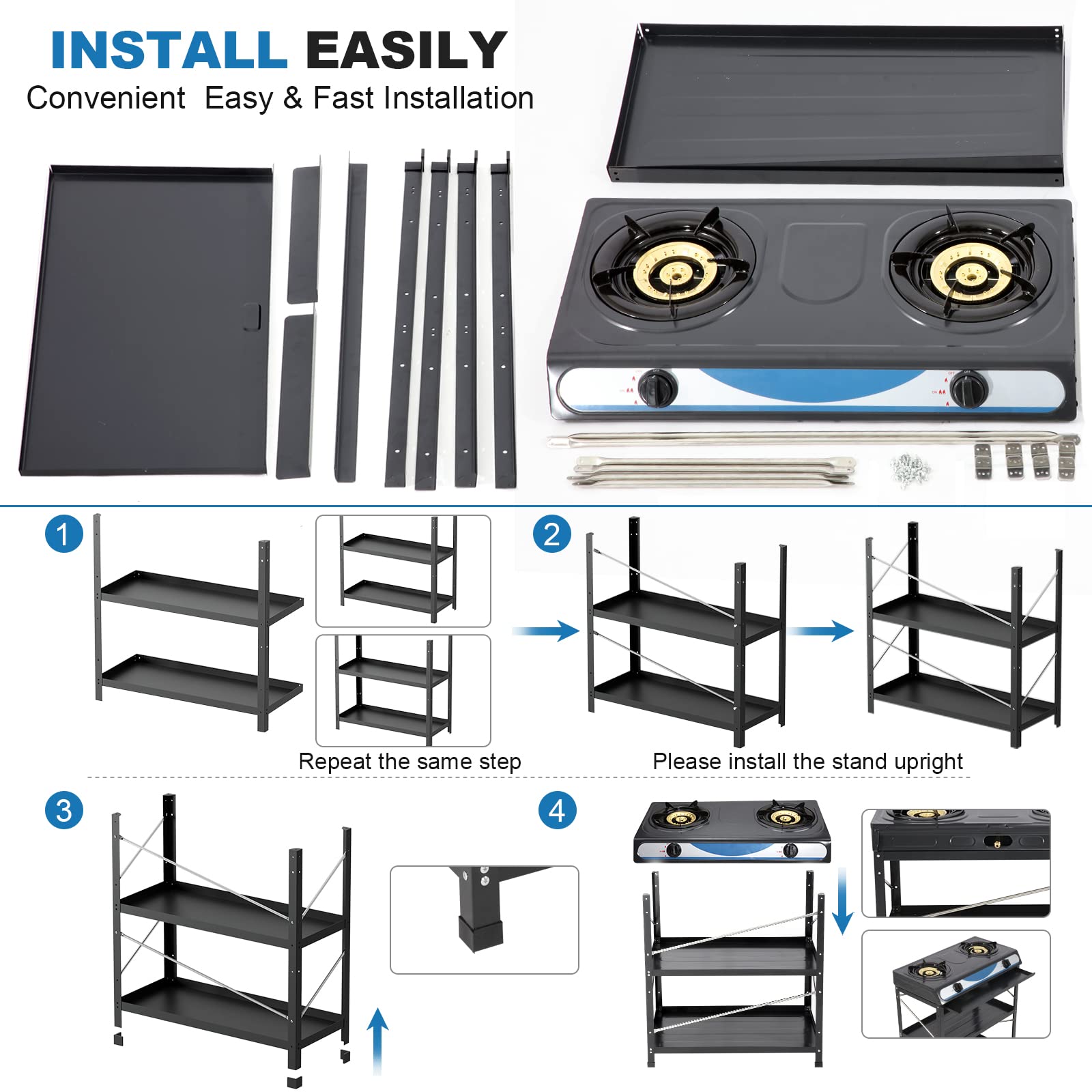 Propane Gas Stove 2 Burner Gas Stove with Removable Leg Stand Portable Gas Stove Black Auto Ignition Camping Dual Burner LPG for RV, Apartment, Outdoor