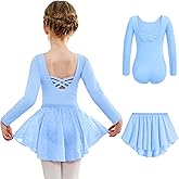 Arshiner Girls Ballet Leotards with Chiffon Dance Skirt Long Sleeve Crisscross Back Toddler Dance Outfit Combo