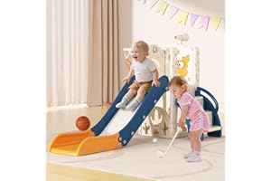 BIERUM Toddler Slide for Kids,6-in-1 Indoor Outdoor Toddler Slides Playground with Basketball Hoop, Golf Game & Telescope, L-Shaped Baby Slide Climber Playset, Blue&Yellow