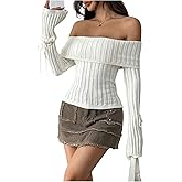 WDIRARA Women's Off The Shoulder Sweater Bell Long Sleeve Peplum Top