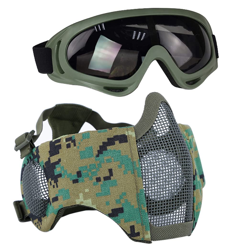 Airsoft Protective Gear Set, Half Face Mesh Masks with Ear Protection and Goggles Set for CS/Hunting/Paintball/Shooting (DW)