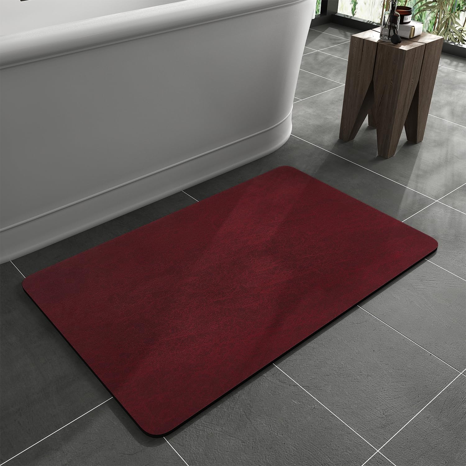 Photo 1 of MontVoo -Bath Mat Rug-Rubber Backing Non Slip Quick Dry Absorbent Thin Bathroom Rugs Fit Under Door-Faux Suede Surface Bathroom Floor Mats-Shower Rug for in Front of Bathtub Shower Burgundy 16x24 Red