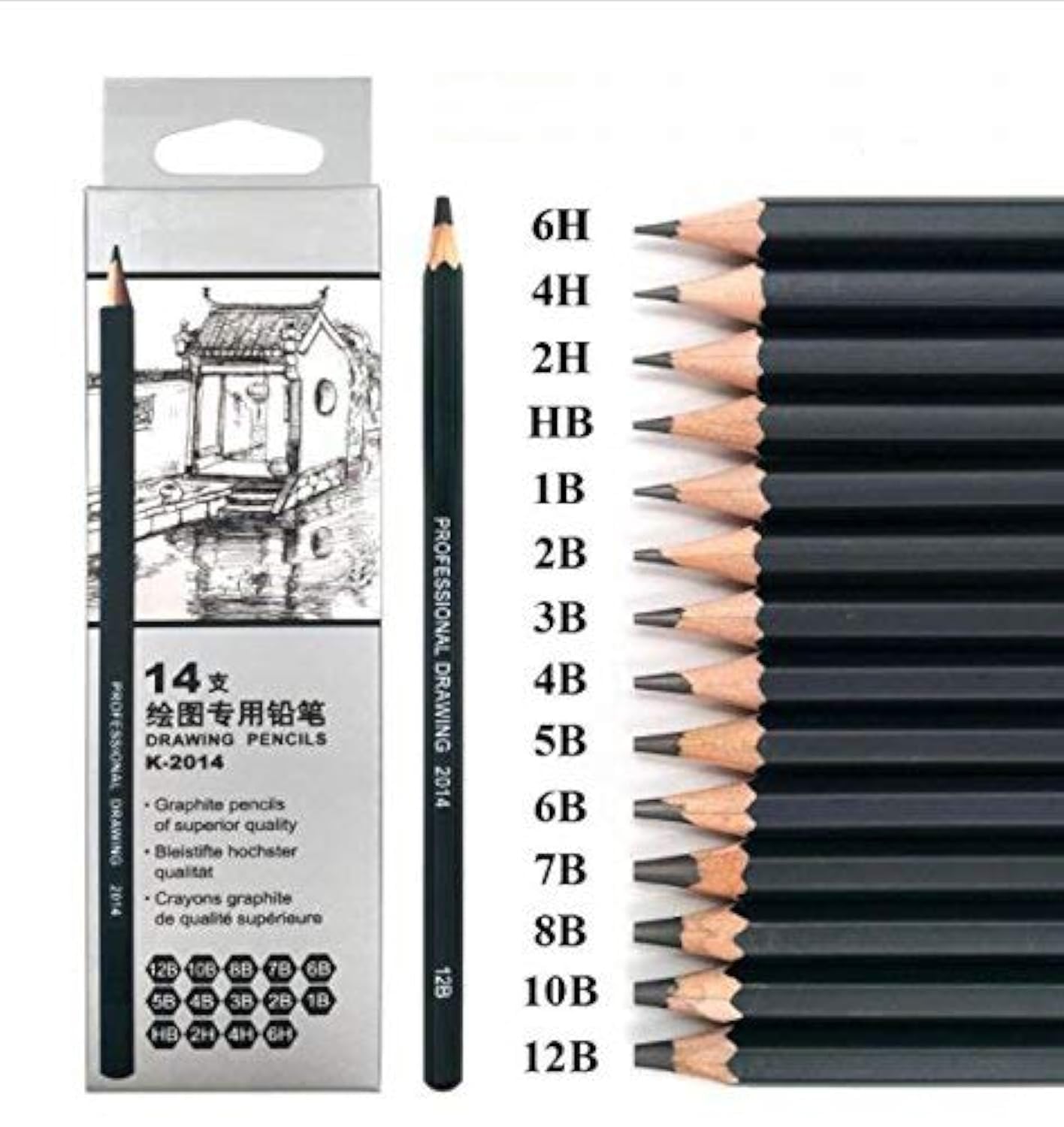 14pcs/set 12B 10B 8B 7B 6B 5B 4B 3B 2B B HB 2H 4H 6H Graphite Sketching Pencils Professional Pencil Set for Drawing