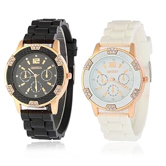 OULAIELF Black and White Unisex Casual Quartz Crystal Jewel Faux Band Rhinestones Chronograph Silicone Watch