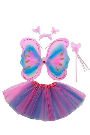 Tante Tina - Schmetterling Kostüm für Mädchen - 4-teiliges Set - Feenflügel / Schmetterlingsflügel Verkleiden - Pink/Violett/