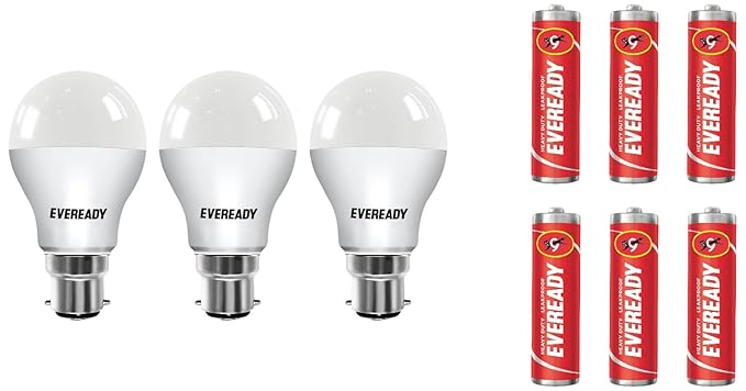 Eveready B22 Base 9-Watt LED Bulb (Pack of 3, Cool Day Light) with 6 1015 AA carbon Zinc Batteries