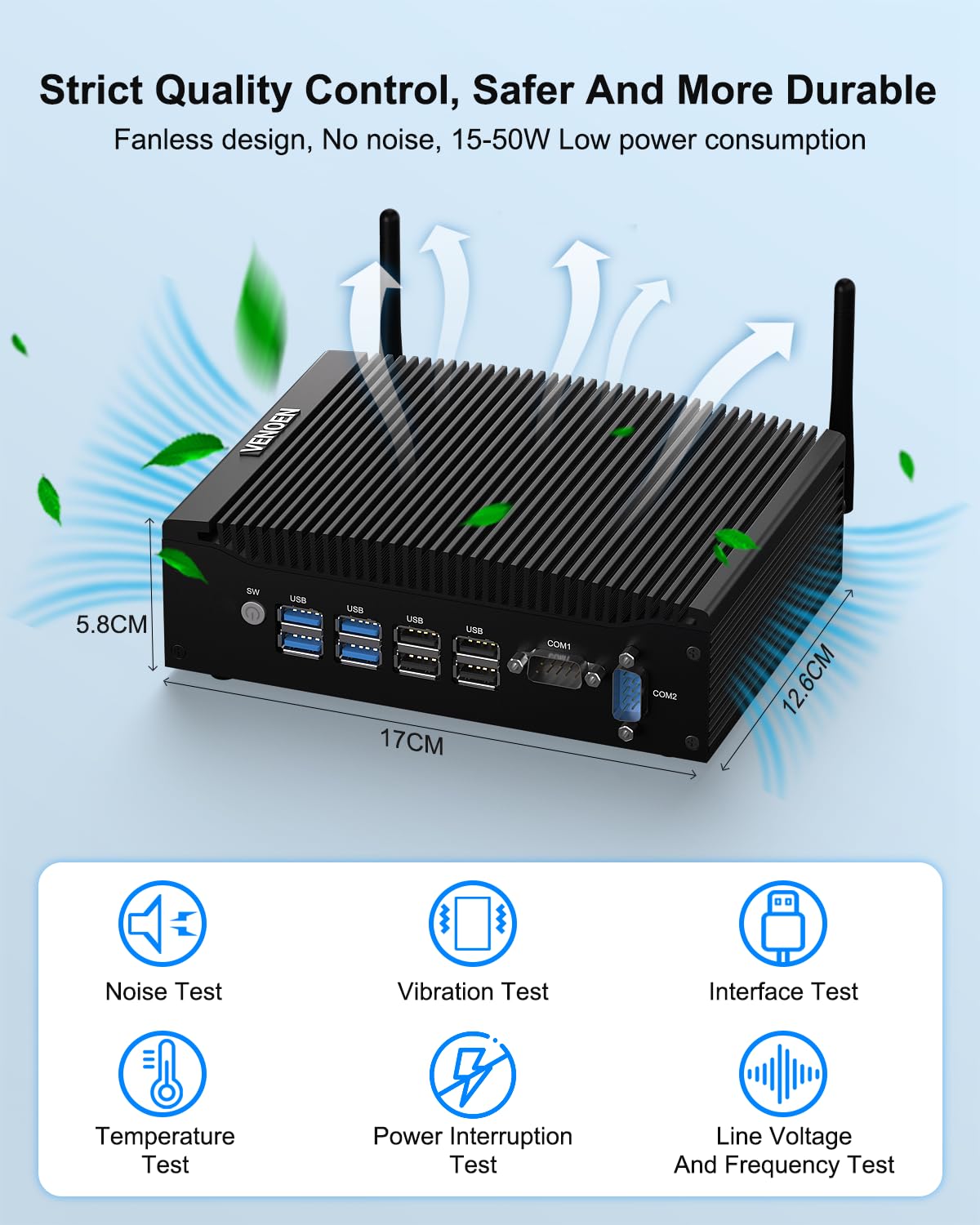 VENOEN Mini PC Lüfterlos i5 Fanless PC Indsutrie Core i5 8250U/8350U, 16GB RAM 512GB SSD, 2X HD 4k Ausgang, 2X RS232 COM, WiFi, 2X Gigabit Ethernet, Industrial PC für Home/Business/Billboard 4