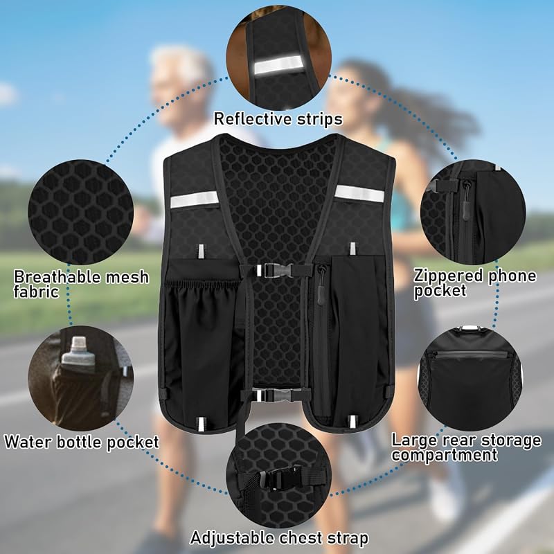 Chaleco de Running Unisex con Mochila, Ajustable, Ligero y Transpirable, Diseño con Espacio de Almacenamiento y Bandas Reflectantes, para Maratón, Jogging, Ciclismo, Trail Running