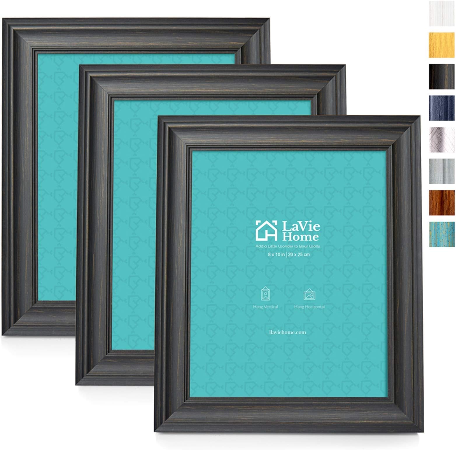 LaVie Home 8x10 Picture Frames (3 Pack, Black) Rustic Photo Frame Set with Tempered glass for Wall Mount & Table Top Display