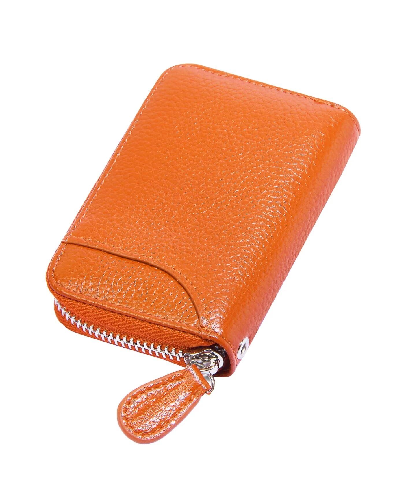 Womens Credit Card Holder Small Rfid Blocking Ladies Wallet with Stainless Steel Zipper Excellent Genuine Leather Accordion Wallets Case for Women ID Compact Slim Blocked Zip Accordian Cards Orange