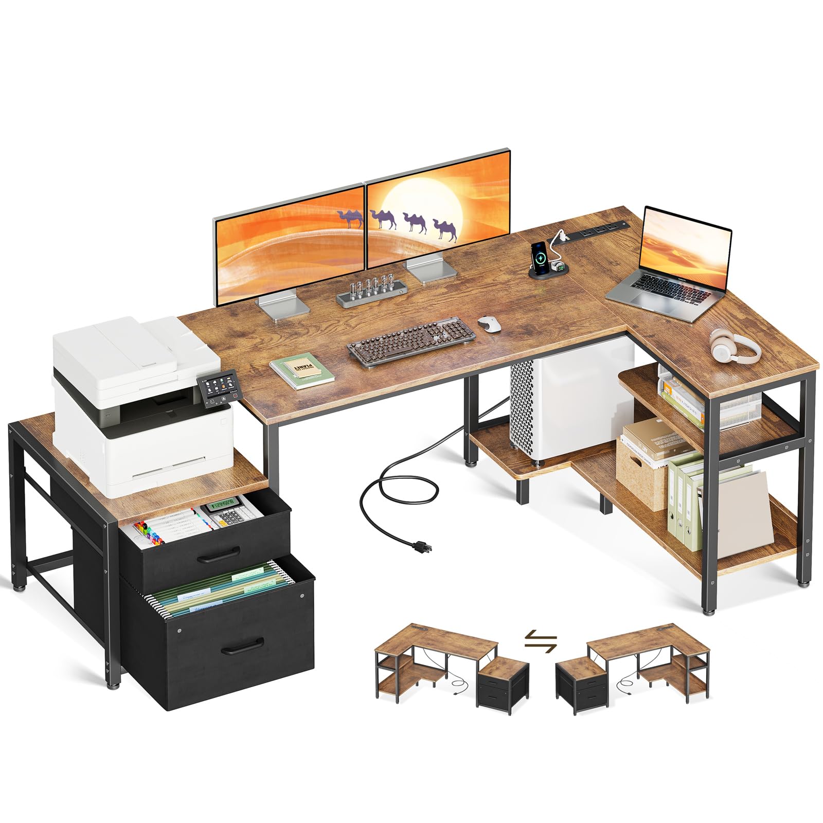 Photo 1 of Casaottima L Shaped Desk with Drawers & File Cabinet, 55 Inch Computer Desk with Storage Shelves & CPU Stand, Corner Desk with Power Outlets, Reversible L Desk for Home Office, Rustic Brown