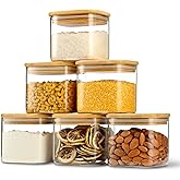 D2scrma 22oz Airtight Square Spice Containers with Bamboo Lid Set of 6 (650ml) Kitchen Pantry Organization Jar Stackable Spice Jar, for Sugar, Tea, Cookies and Coffee beans (with Black Lable)