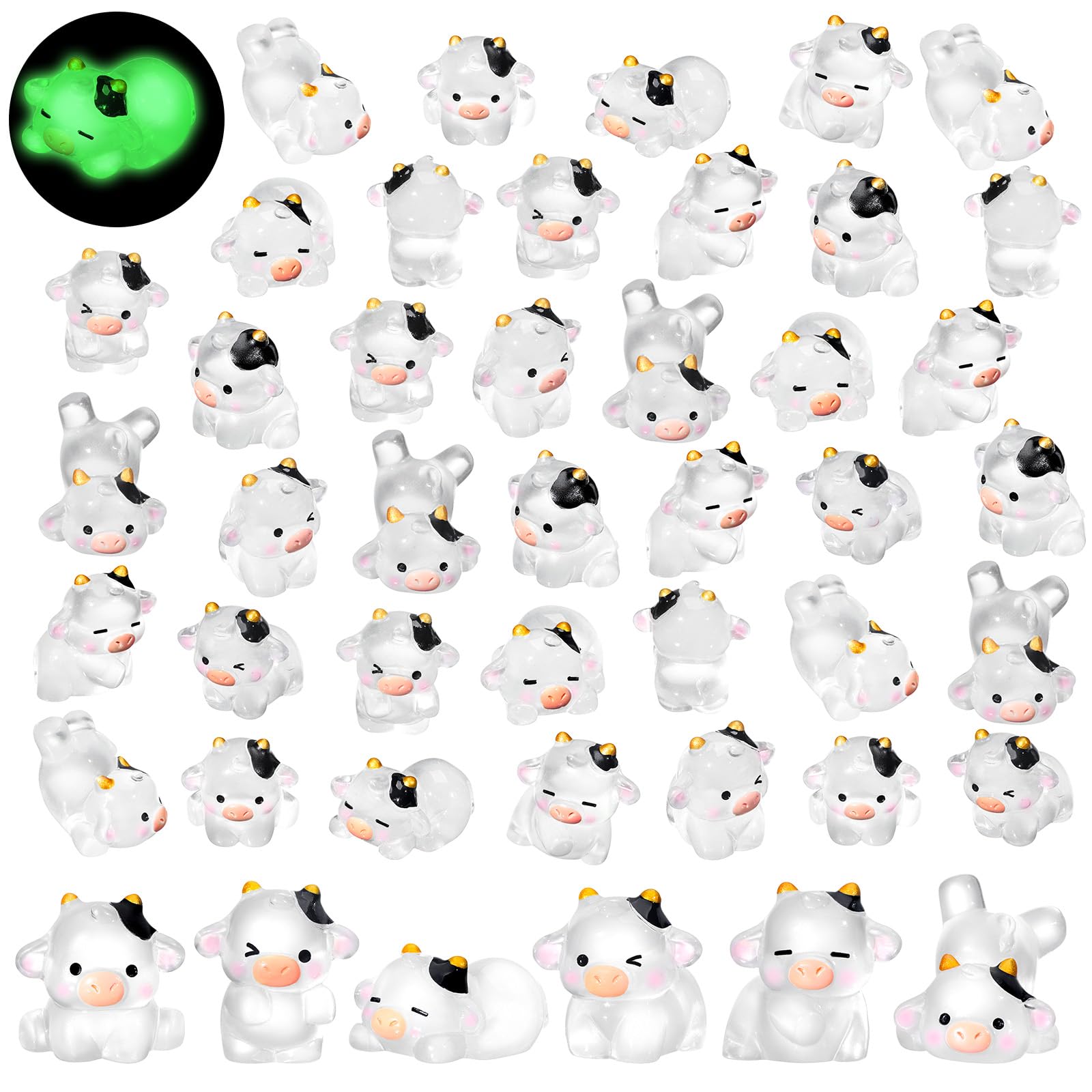 Photo 1 of RoundFunny 48 Pcs Mini Cow Figurines Resin Cow Miniature Cute Tiny Resin Animals Figures Outdoor Moss Ornaments Garden Decor for DIY Fairy Landscape Crafts(Luminous Style)
