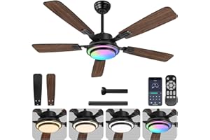 OUTON 52" Ceiling Fan with Light, Remote & APP Control, Low Profile RGB Ceiling Fans Light, Reversible, 6 Speeds, 3000-6500K Stepless Dimming, Modern Ceiling Fan for Bedroom Indoor/Outdoor Use Walnut