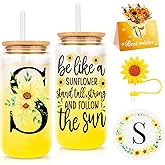 WINOWIMO Initial Glass Cups with Lids and Straws, Personalized Sunflower Gifts for Women, Iced Coffee Cup Glass Tumbler, Birthday Thank You Get Well Sunshine Gifts for Sisters Mom Her Women (S)