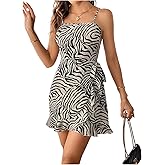 MakeMeChic Women's Zebra Print Striped Spaghetti Strap Cami Dress Ruffle Sleeveless Mini Dresses