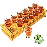 Shot Glass Set Bulk Cocktail Holder and Shot Glasses 1oz/30ml Drinks Serving Board Organizer with Clear Crystal Glass Cups 12pcs for Liquor Shots Whisky Brandy Vodka Rum Espresso Home Party Bar